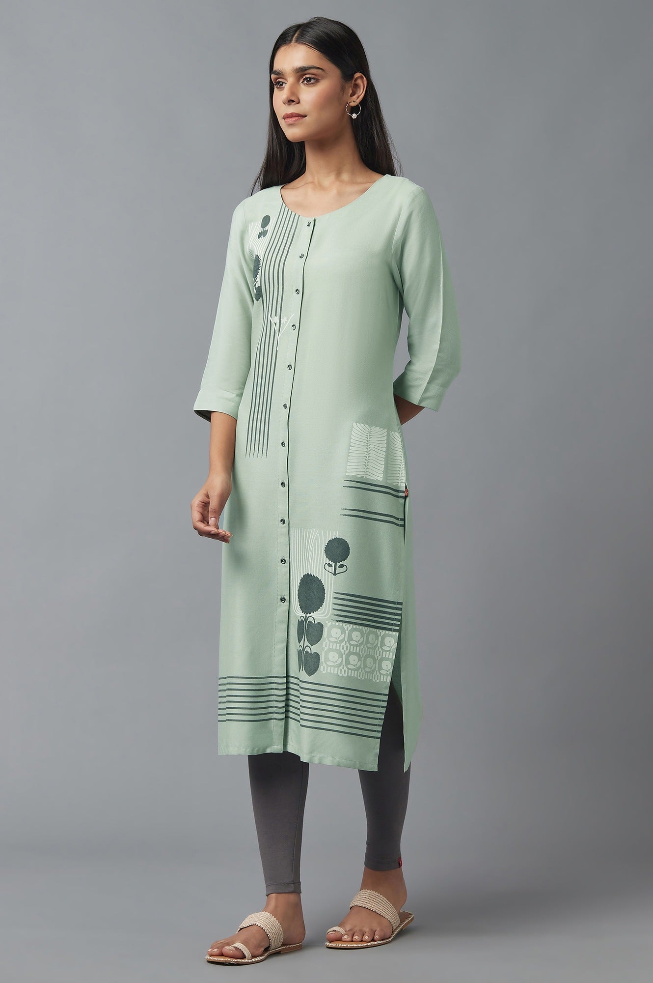 W for Woman Green Button Down Printed kurta