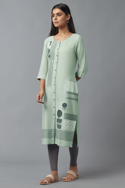 W for Woman Green Button Down Printed kurta