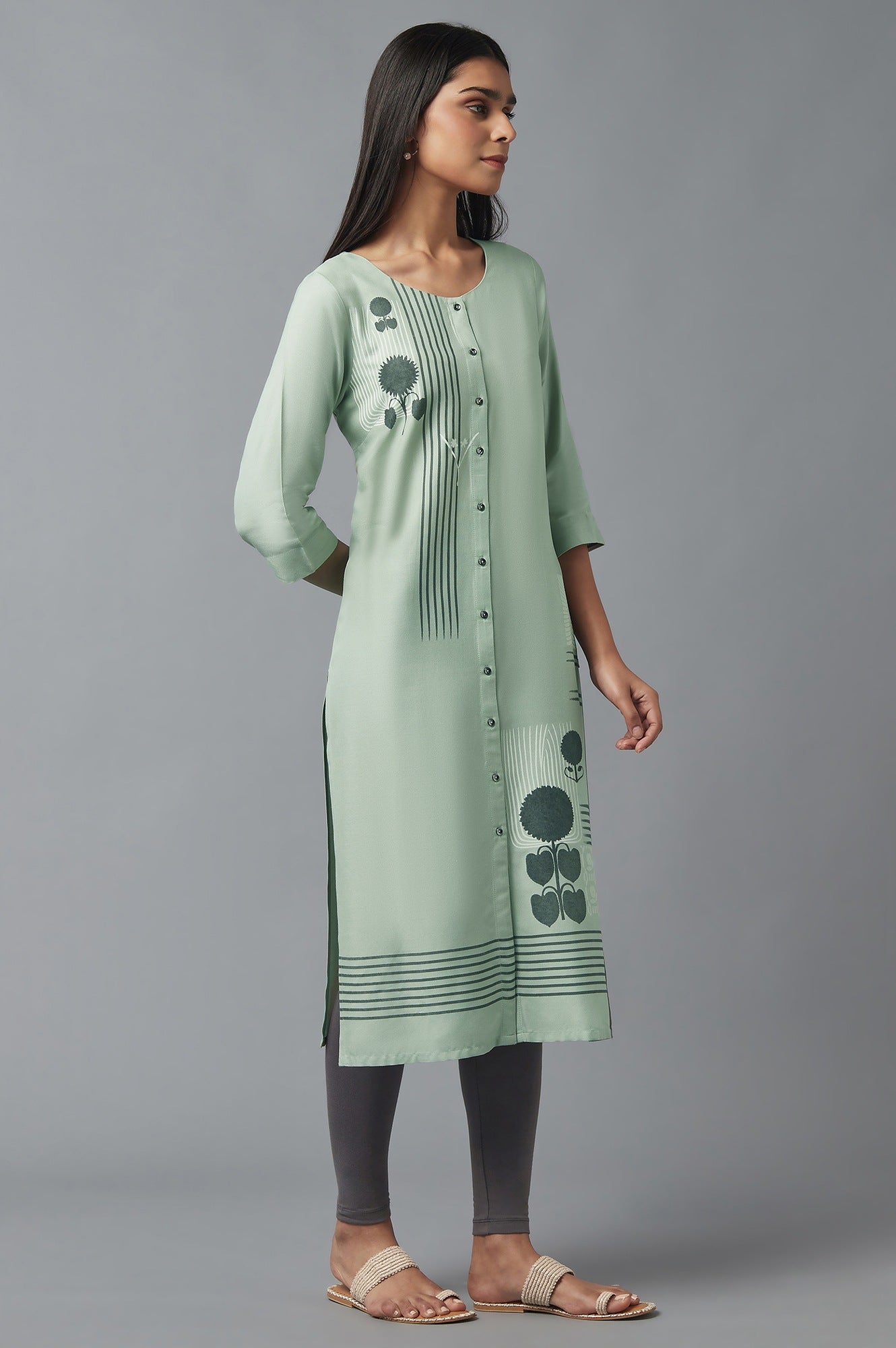W for Woman Green Button Down Printed kurta
