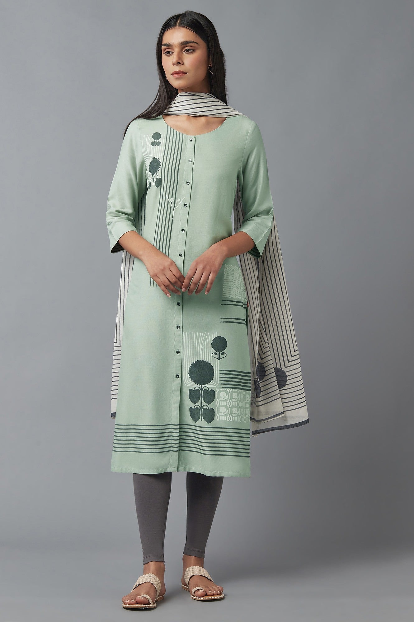 W for Woman Green Button Down Printed kurta