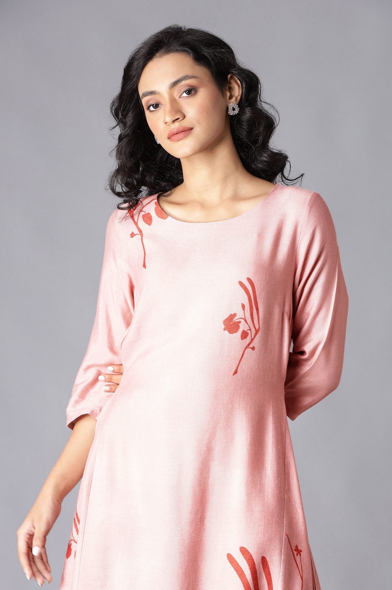 W for Woman Crepe Pink A-Line Printed kurta
