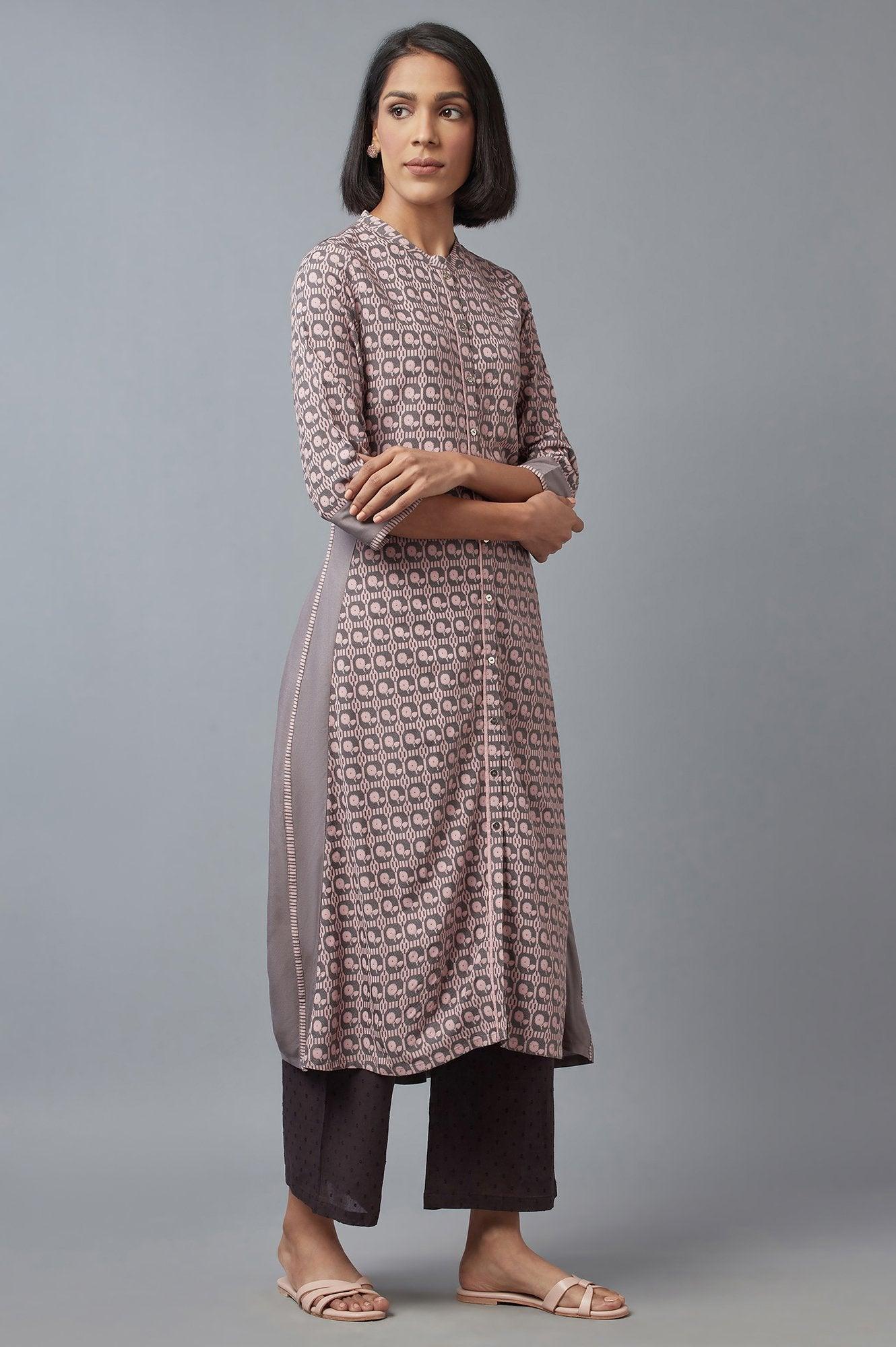 W for Woman Pink and Grey Printed kurta