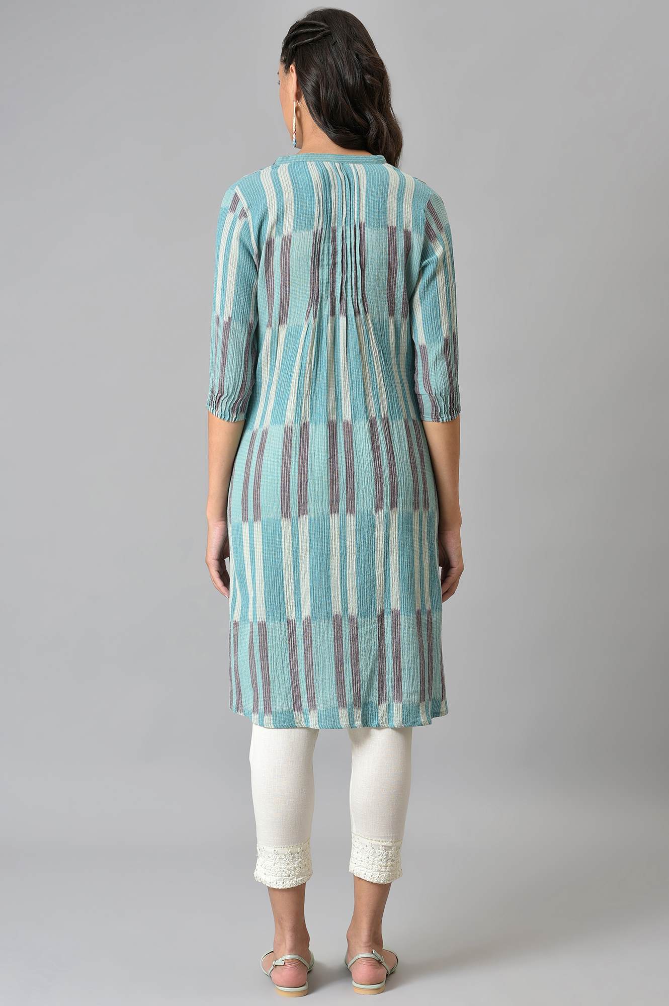 W for Woman Blue Ikkat Cotton kurta In V-Neck