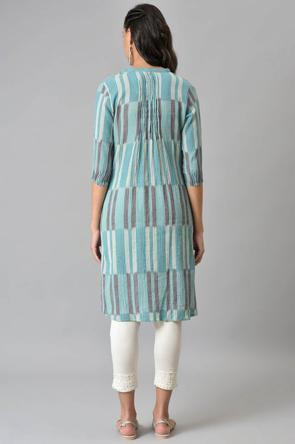 W for Woman Blue Ikkat Cotton kurta In V-Neck
