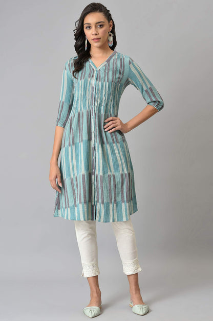 W for Woman Blue Ikkat Cotton kurta In V-Neck