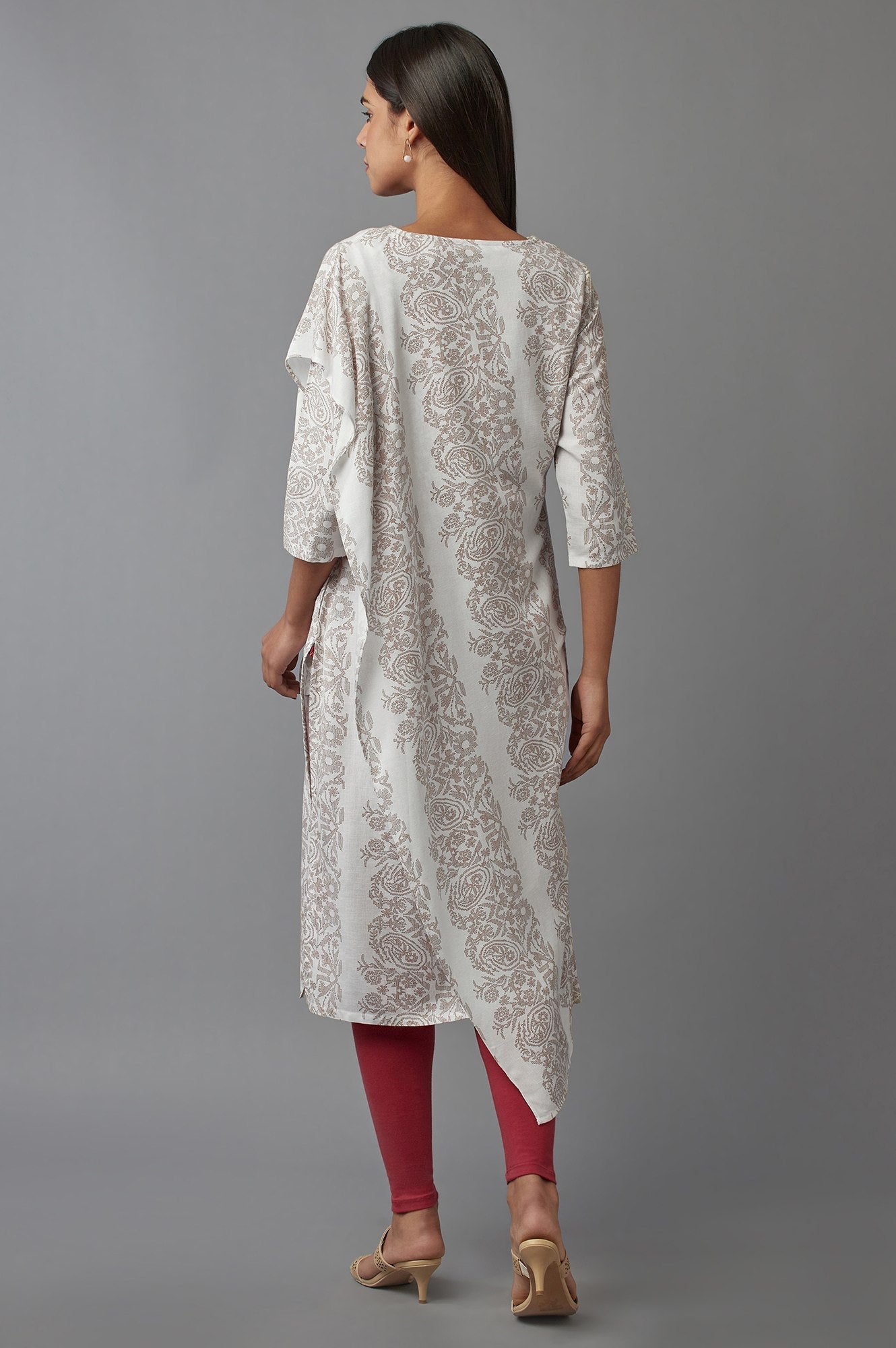 W for Woman Ecru Saree draped kurta in V-neck