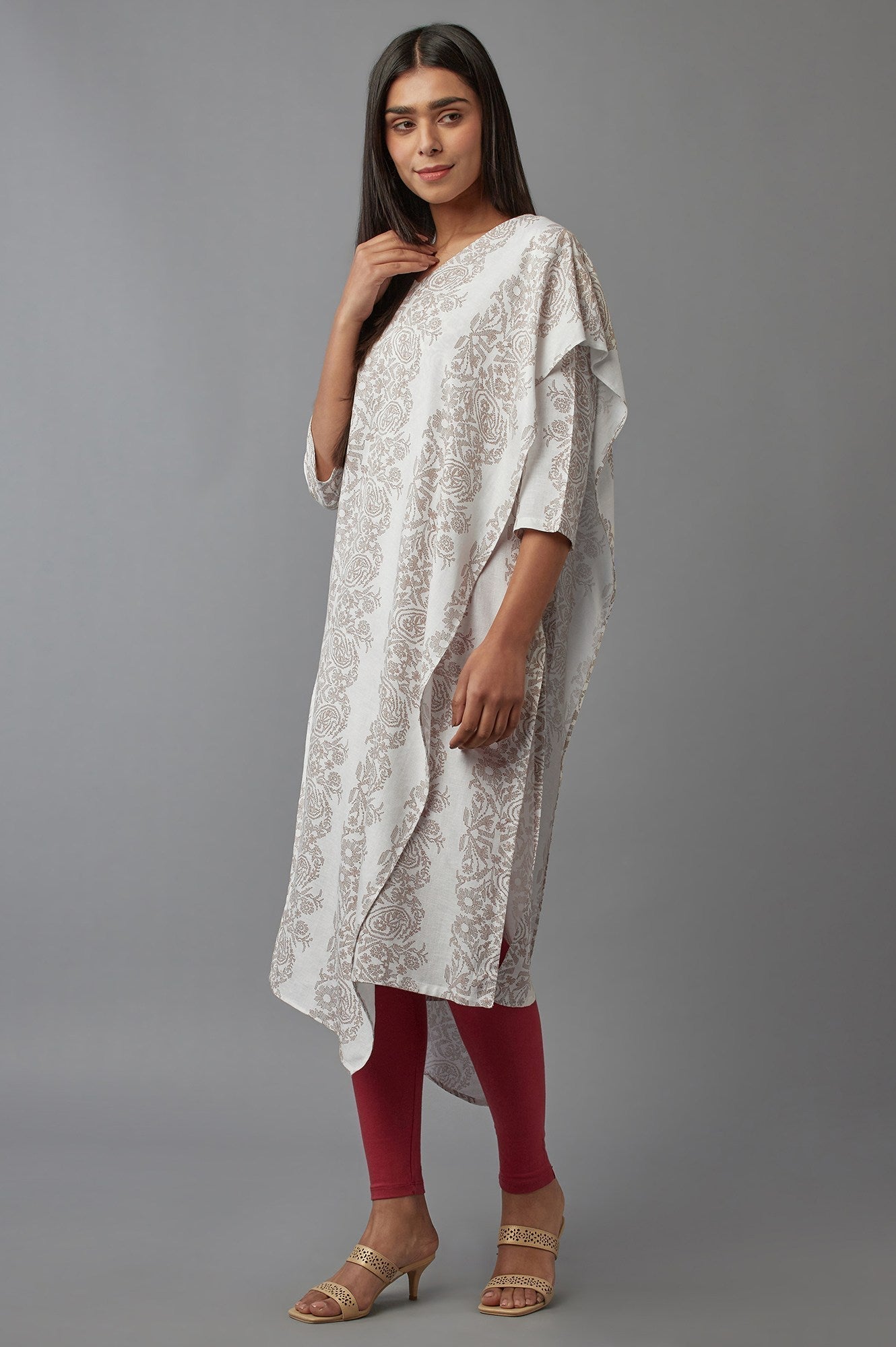 W for Woman Ecru Saree draped kurta in V-neck