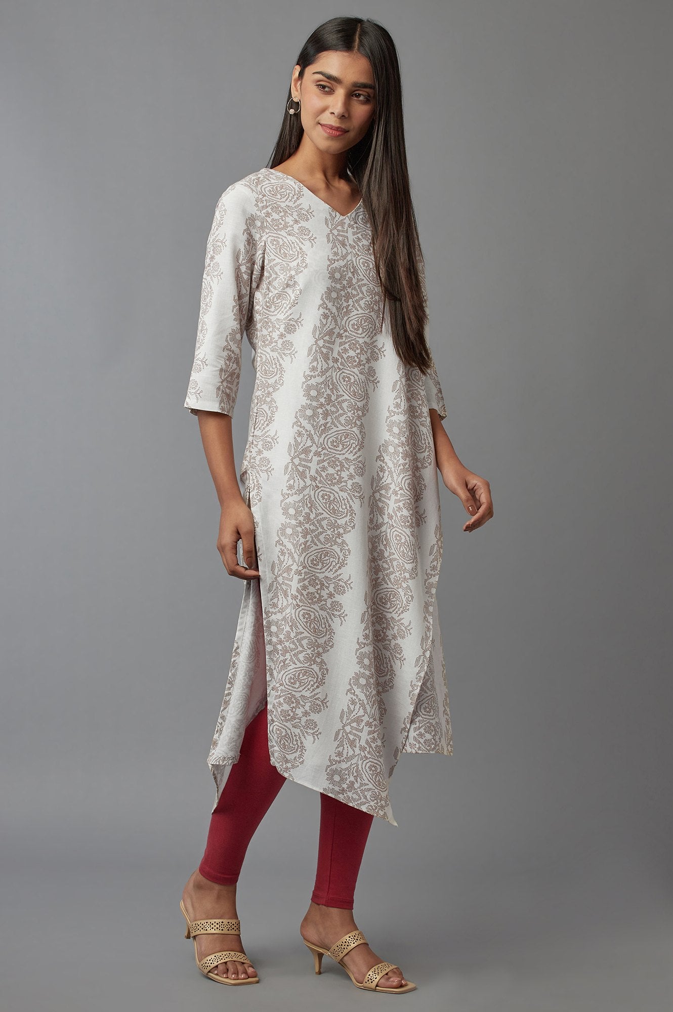 W for Woman Ecru Saree draped kurta in V-neck