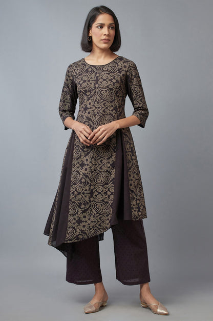 W for Woman Black Floral Print Asymmetric kurta in Round Neck