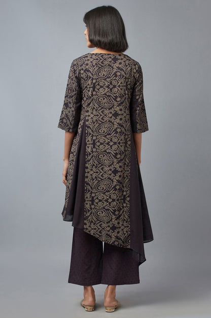 W for Woman Black Floral Print Asymmetric kurta in Round Neck