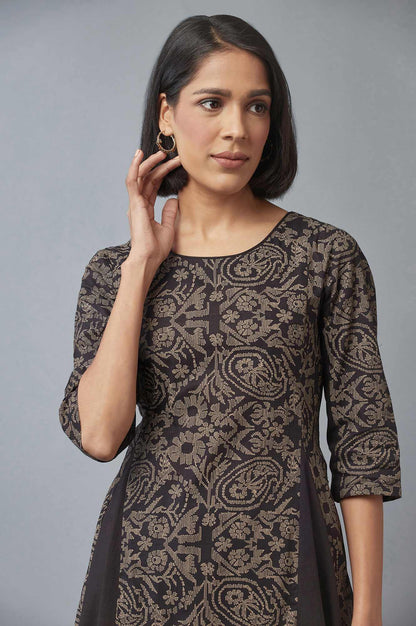 W for Woman Black Floral Print Asymmetric kurta in Round Neck