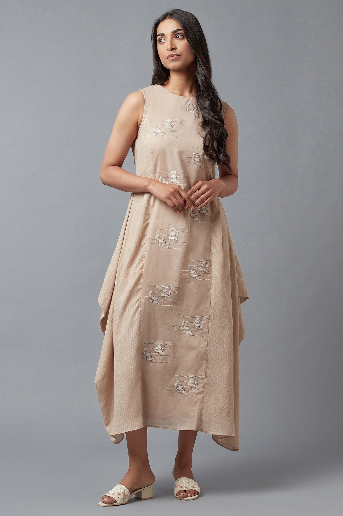 W for Woman Beige Embroidered Cowl Dress In Round Neck