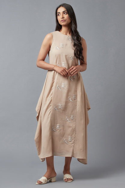 W for Woman Beige Embroidered Cowl Dress In Round Neck