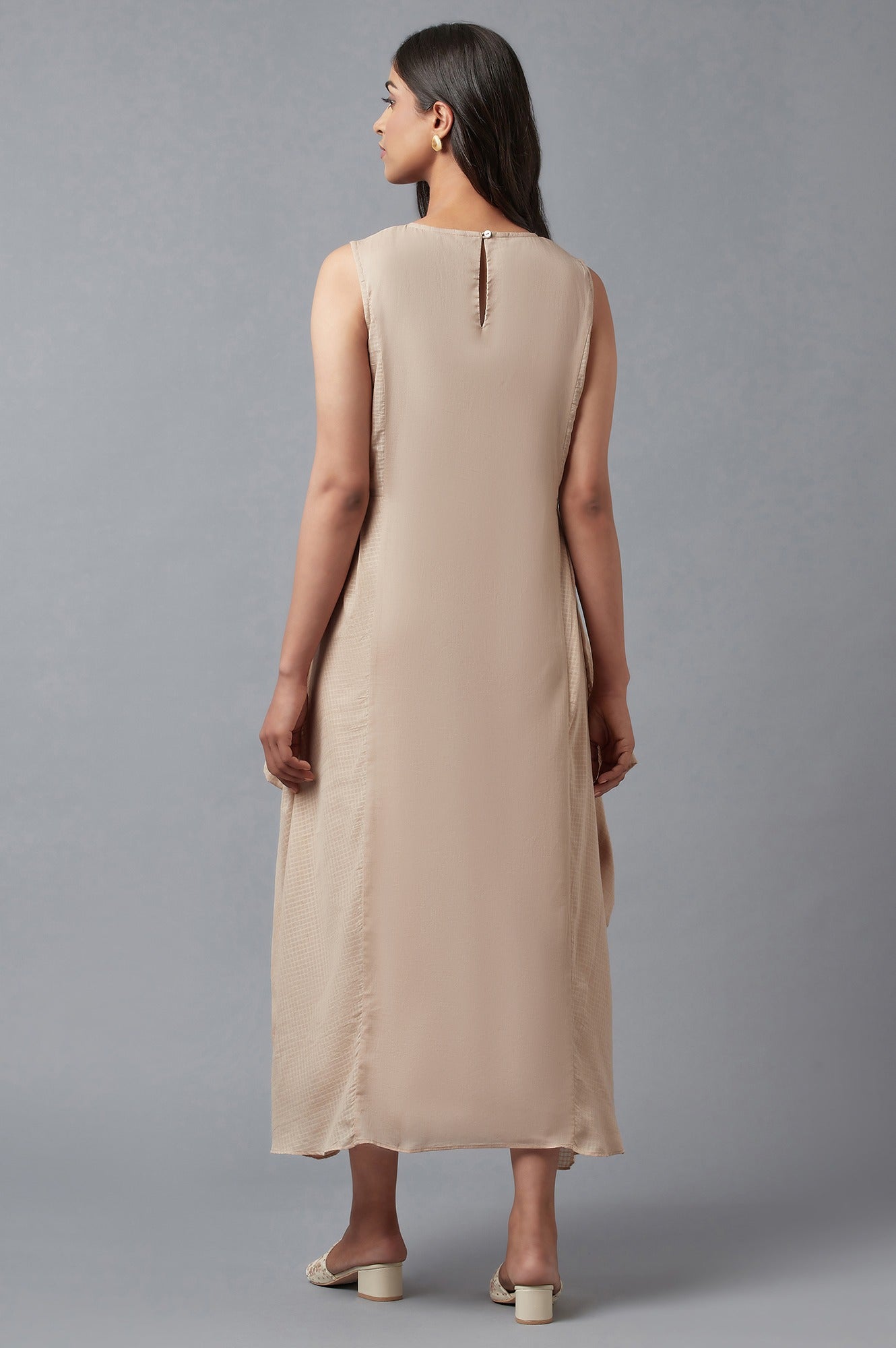 W for Woman Beige Embroidered Cowl Dress In Round Neck