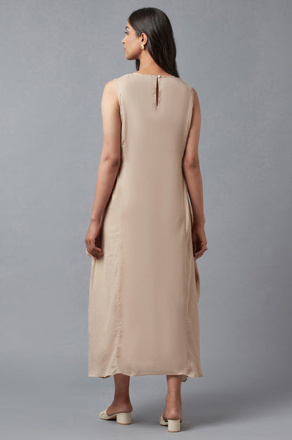 W for Woman Beige Embroidered Cowl Dress In Round Neck
