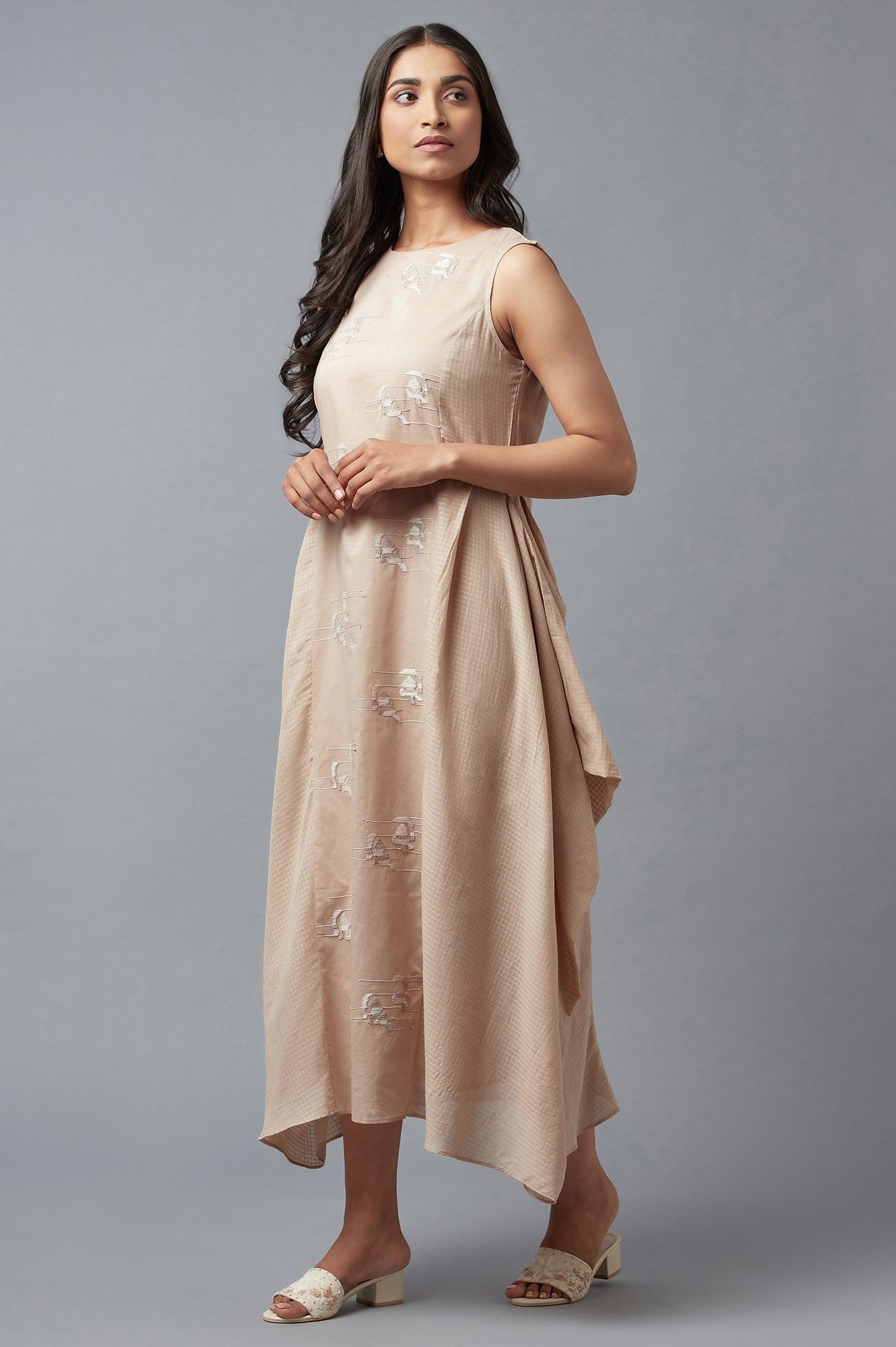 W for Woman Beige Embroidered Cowl Dress In Round Neck