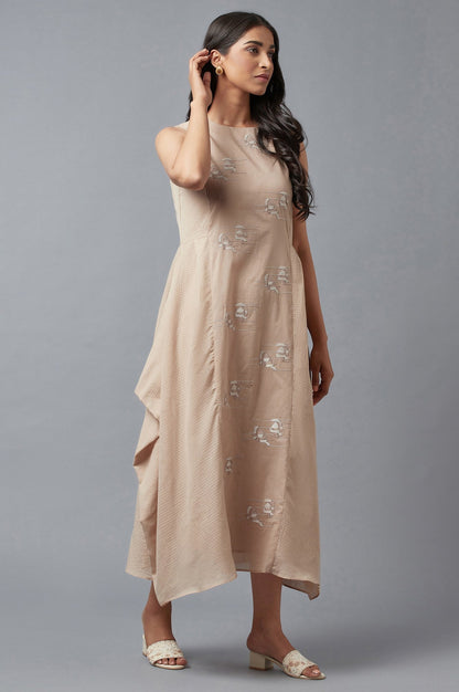 W for Woman Beige Embroidered Cowl Dress In Round Neck