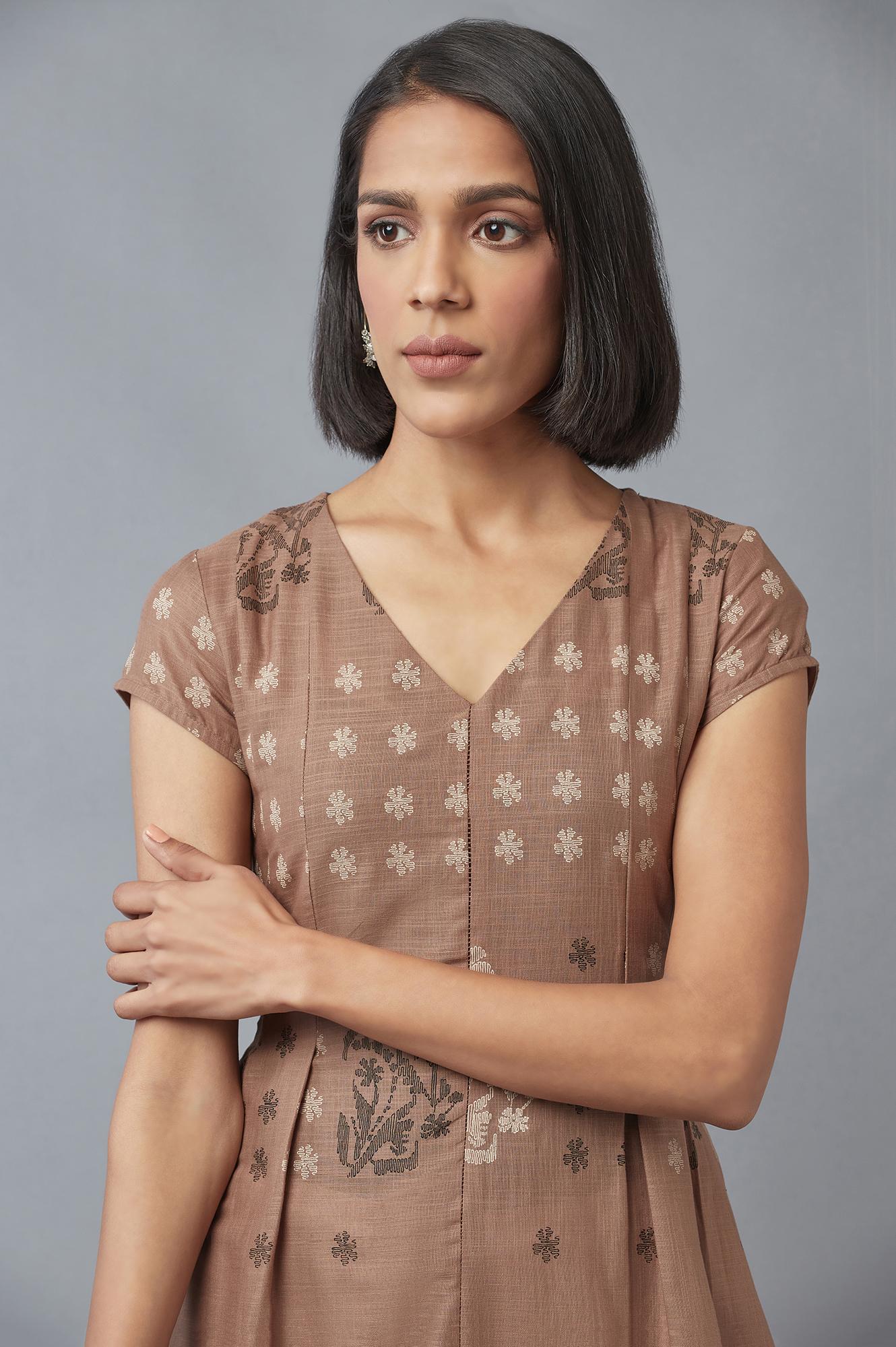 W for Woman Beige Floral Printed Pure Cotton Flared Kurta and Slim Pant Set