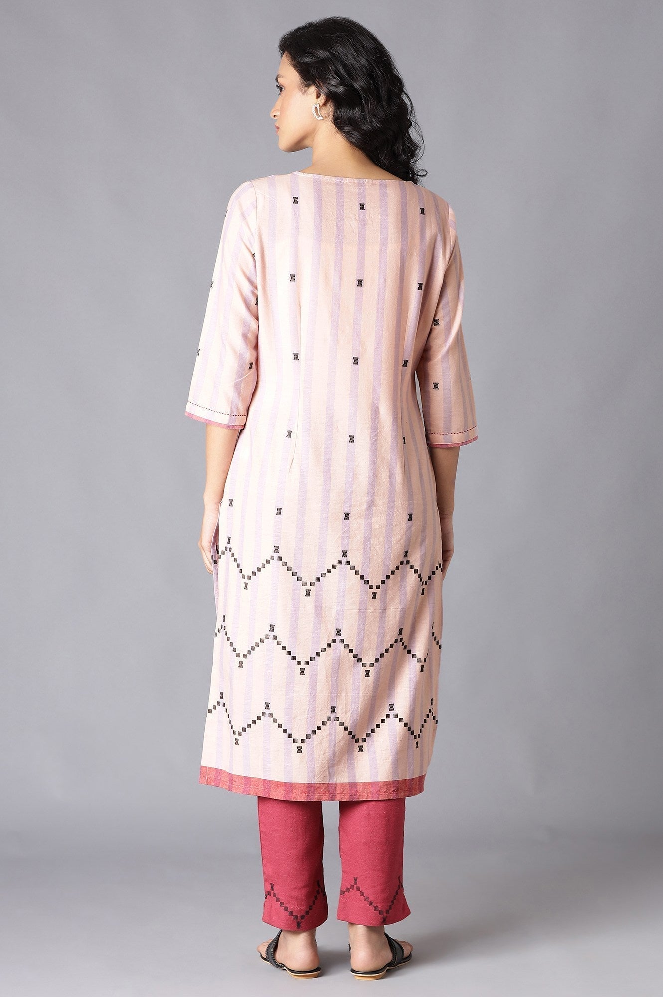 W for Woman Peach Striped Cotton Dobby kurta In Round Neck