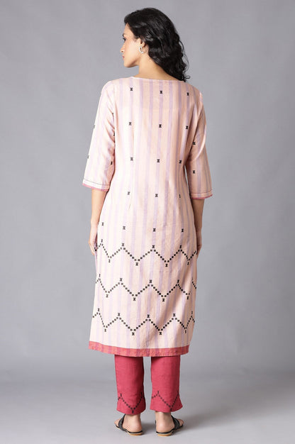 W for Woman Peach Striped Cotton Dobby kurta In Round Neck