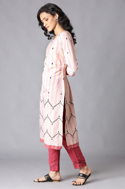 W for Woman Peach Striped Cotton Dobby kurta In Round Neck