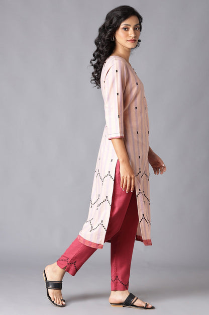 W for Woman Peach Striped Cotton Dobby kurta In Round Neck