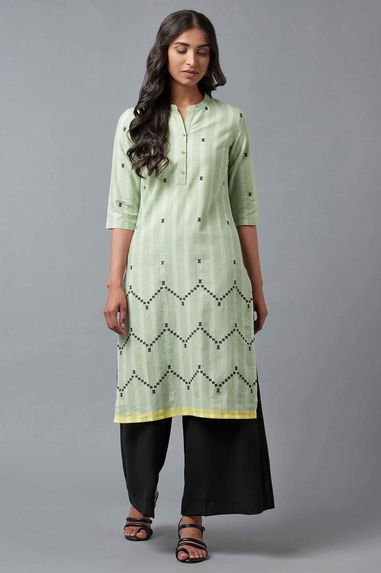 W for Woman Light Green Dobby Straight kurta