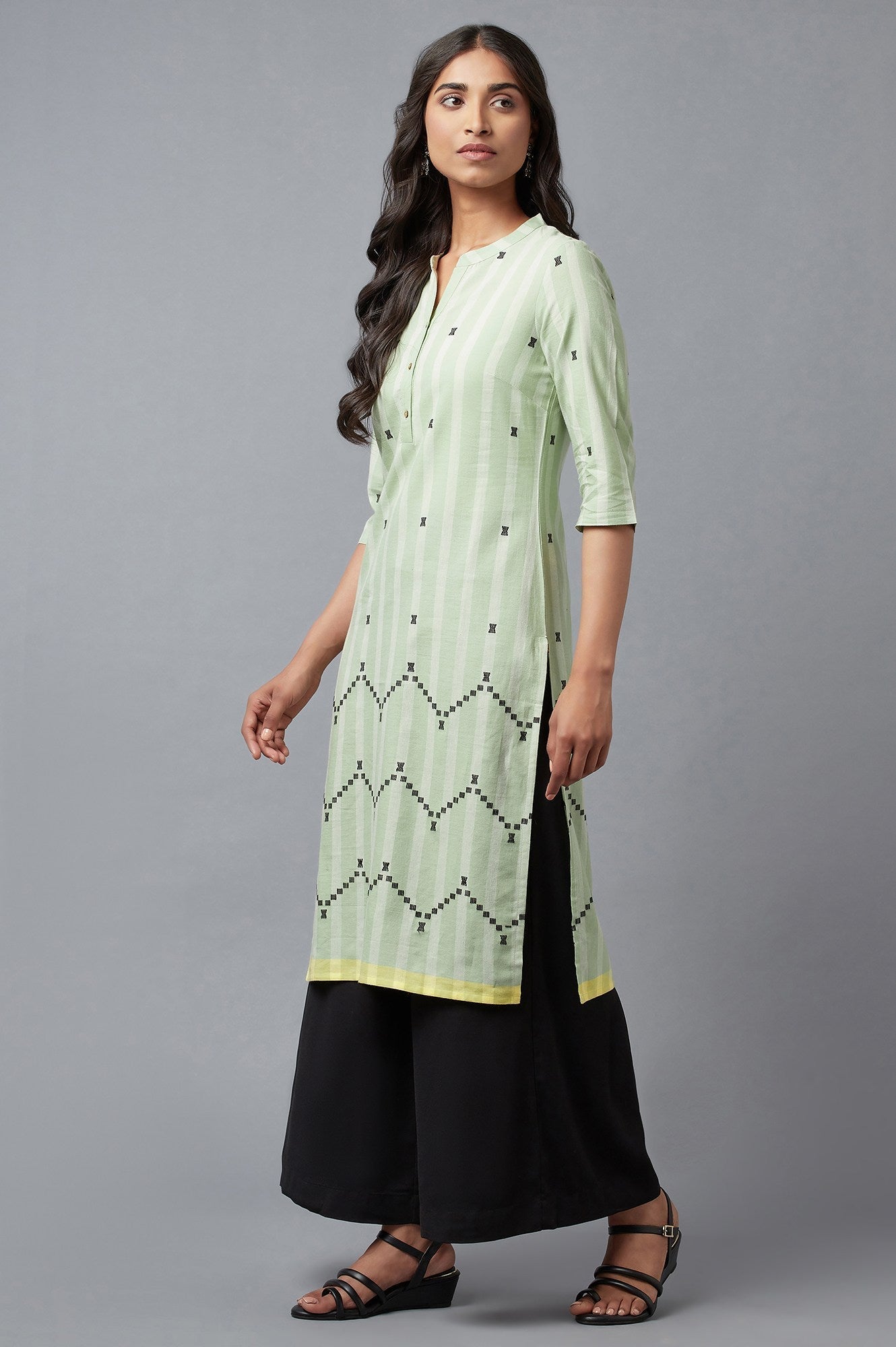 W for Woman Light Green Dobby Straight kurta