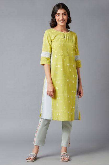 W for Woman Light Yellow Cotton Dobby kurta With Embroidery Detail
