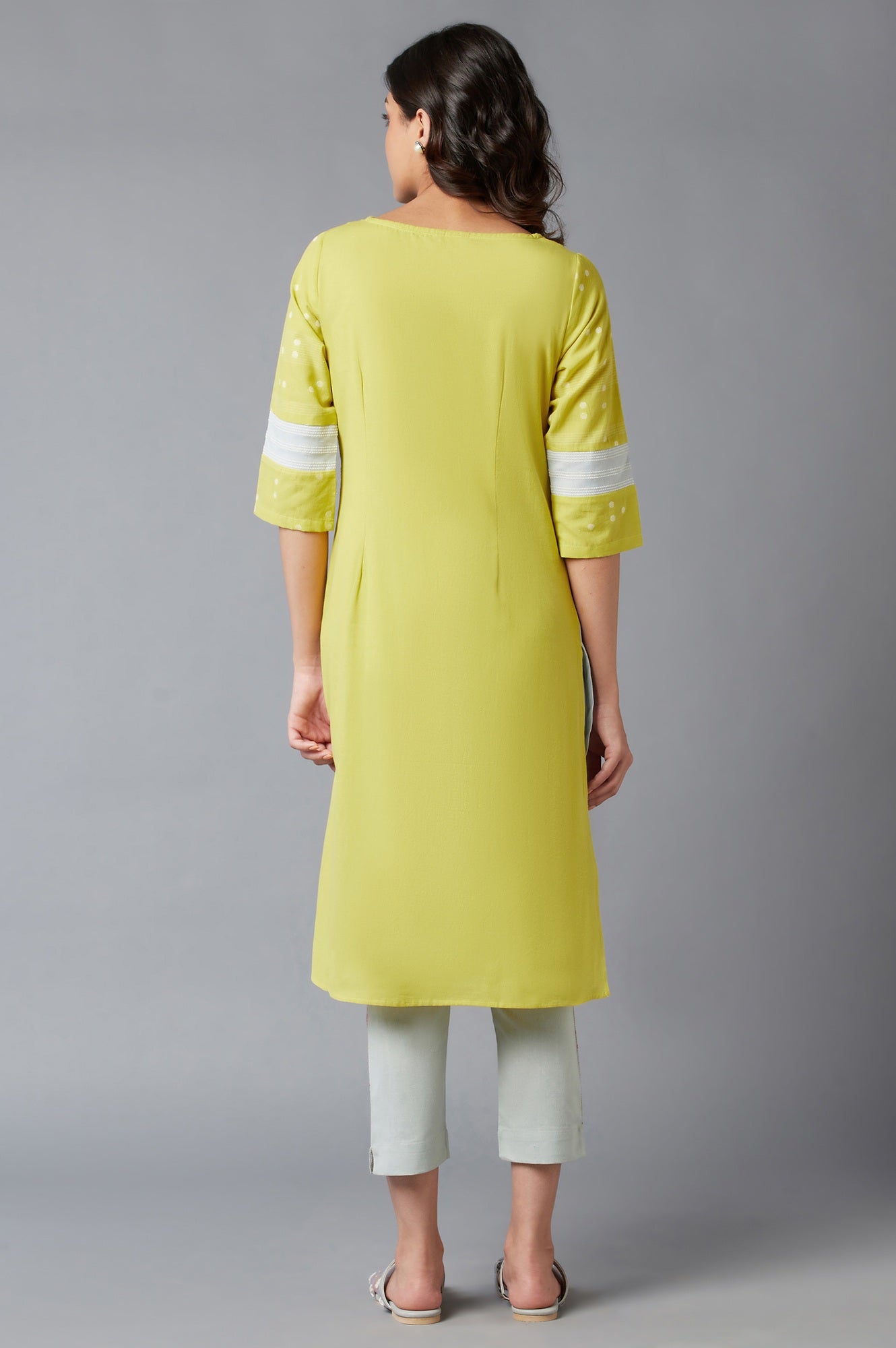 W for Woman Light Yellow Cotton Dobby kurta With Embroidery Detail