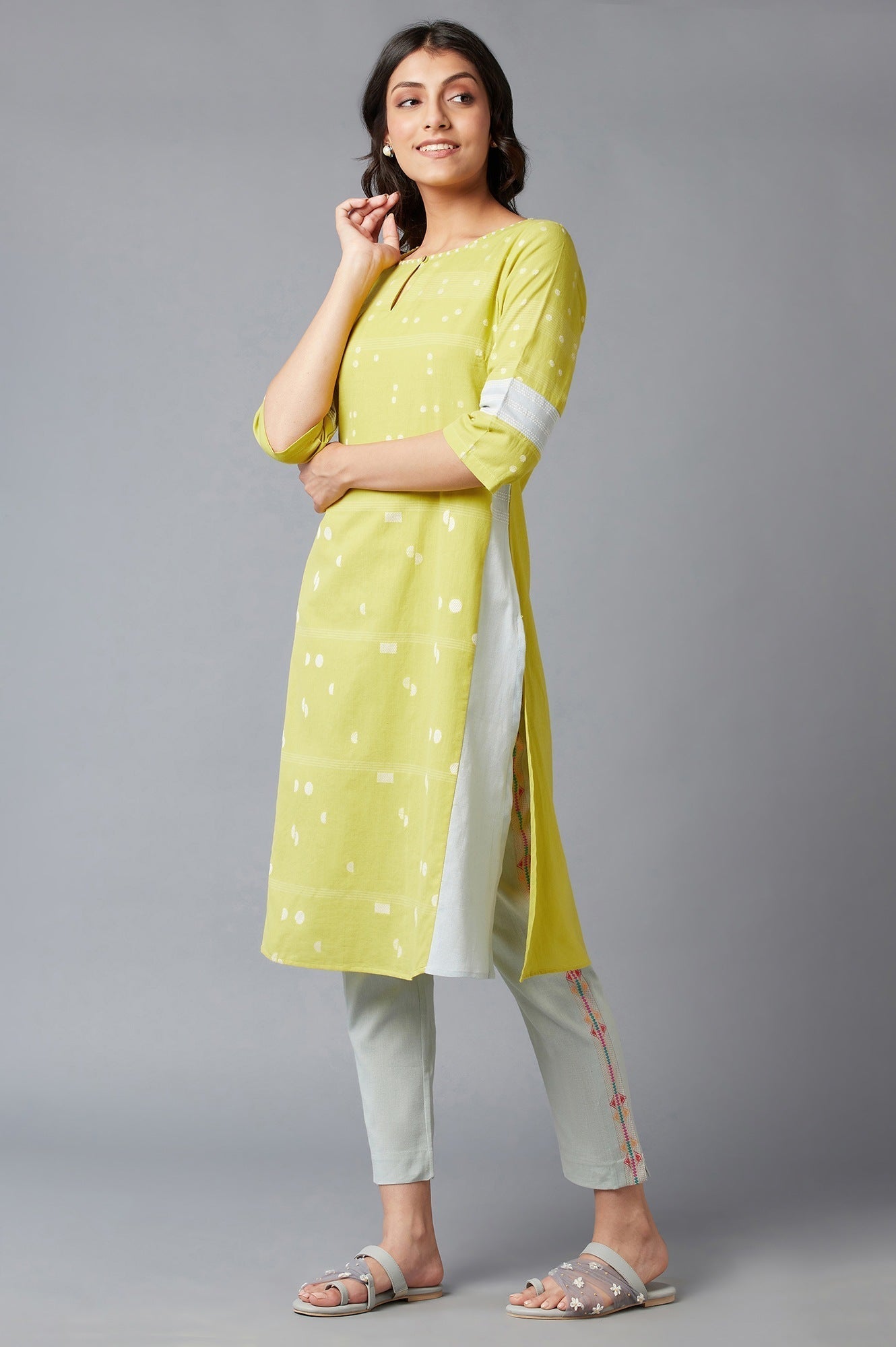 W for Woman Light Yellow Cotton Dobby kurta With Embroidery Detail