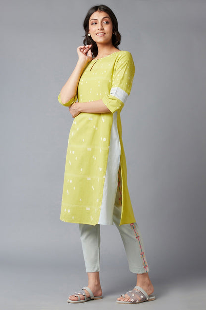 W for Woman Light Yellow Cotton Dobby kurta With Embroidery Detail