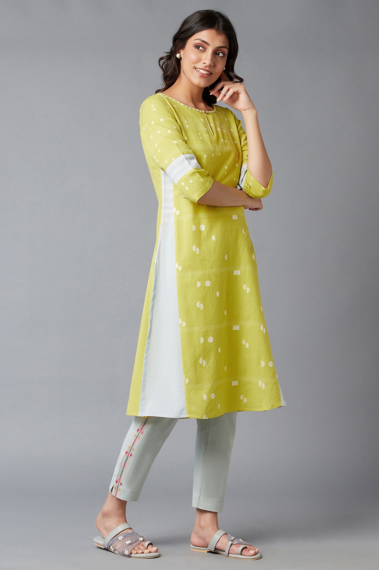 W for Woman Light Yellow Cotton Dobby kurta With Embroidery Detail