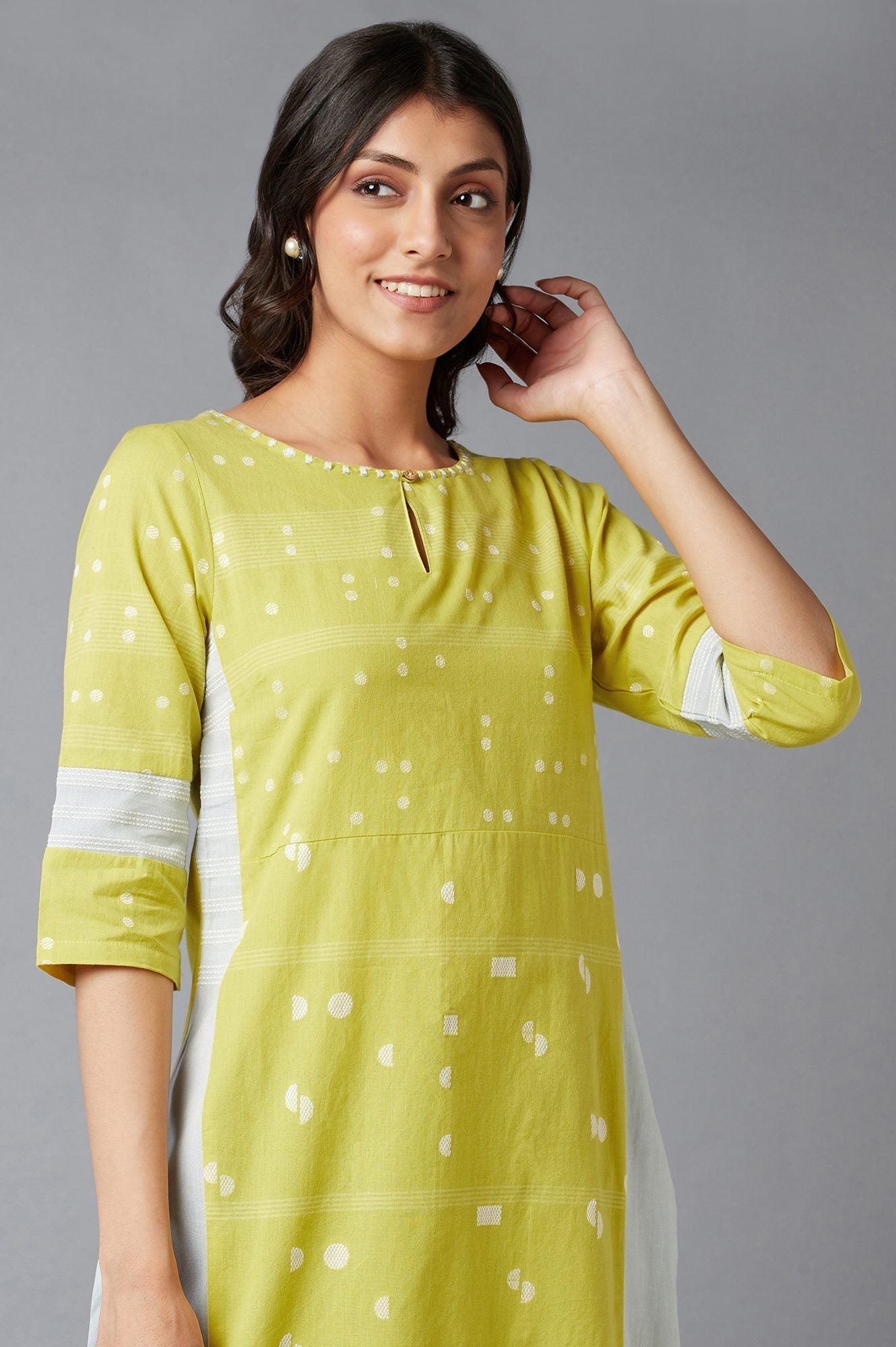 W for Woman Light Yellow Cotton Dobby kurta With Embroidery Detail