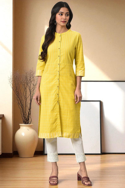W for Woman Yellow Stripe Printed Pure Cotton Mandarin Collar Straight Kurta