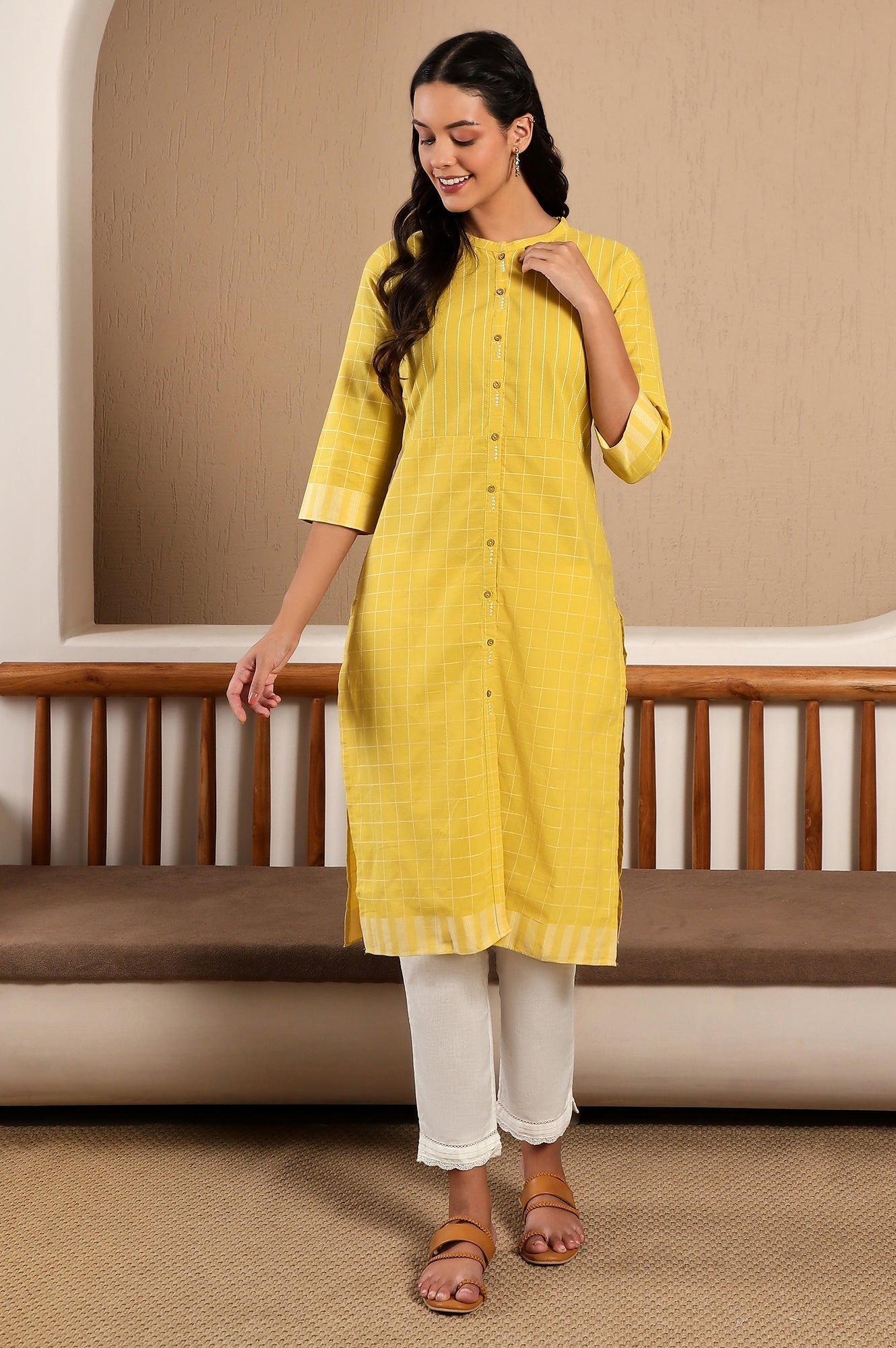 W for Woman Yellow Stripe Printed Pure Cotton Mandarin Collar Straight Kurta