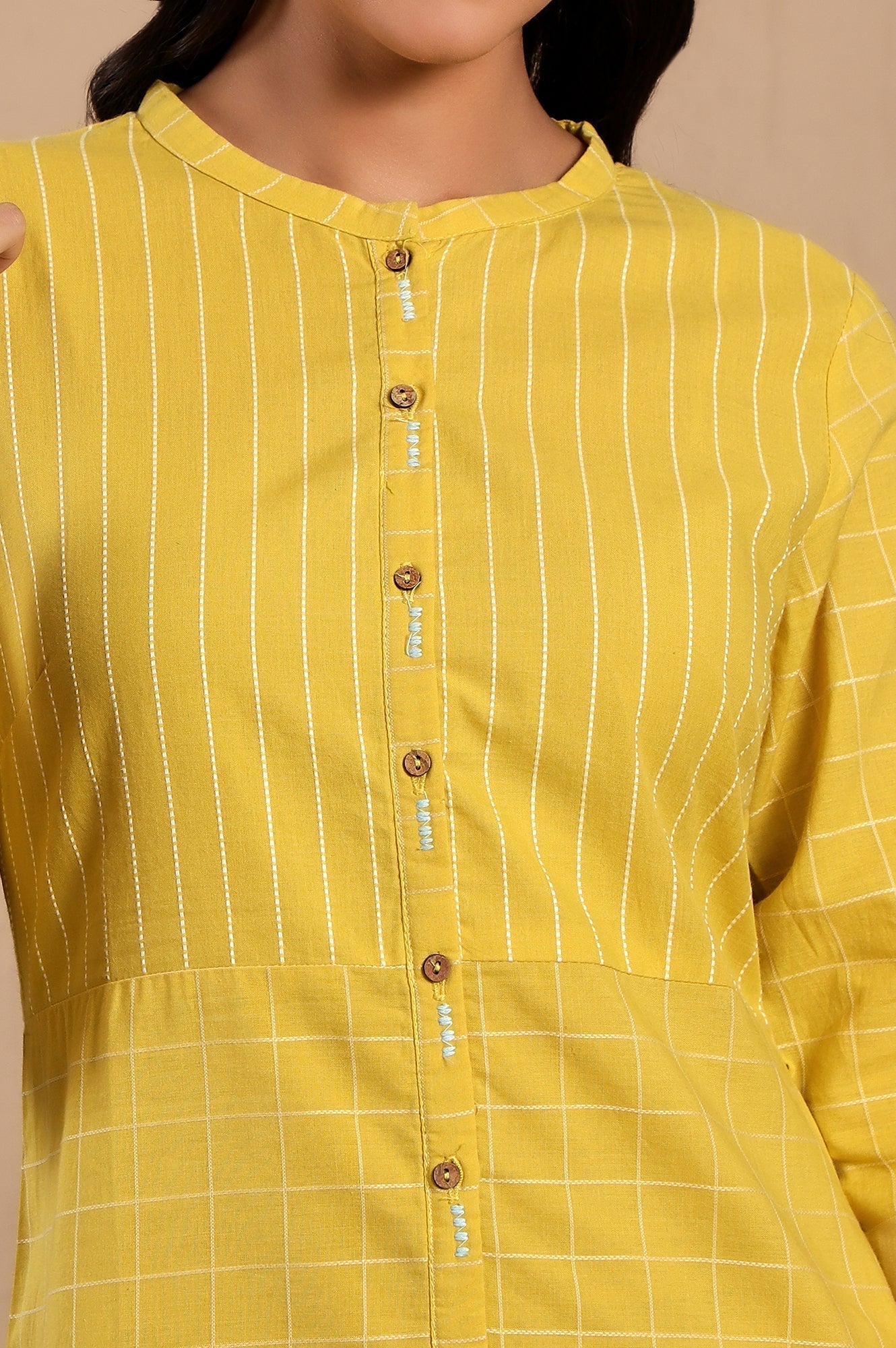 W for Woman Yellow Stripe Printed Pure Cotton Mandarin Collar Straight Kurta
