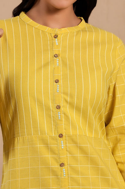 W for Woman Yellow Stripe Printed Pure Cotton Mandarin Collar Straight Kurta