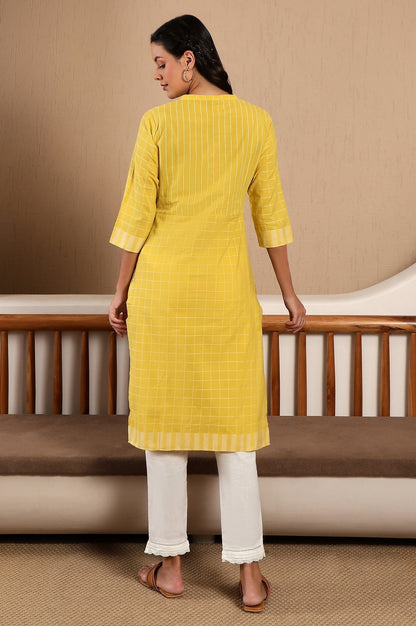 W for Woman Yellow Stripe Printed Pure Cotton Mandarin Collar Straight Kurta