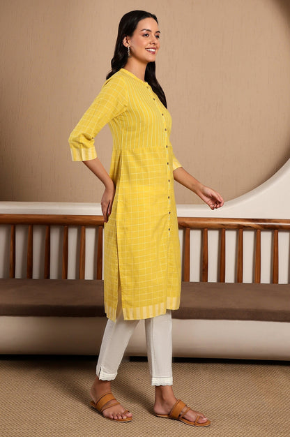 W for Woman Yellow Stripe Printed Pure Cotton Mandarin Collar Straight Kurta