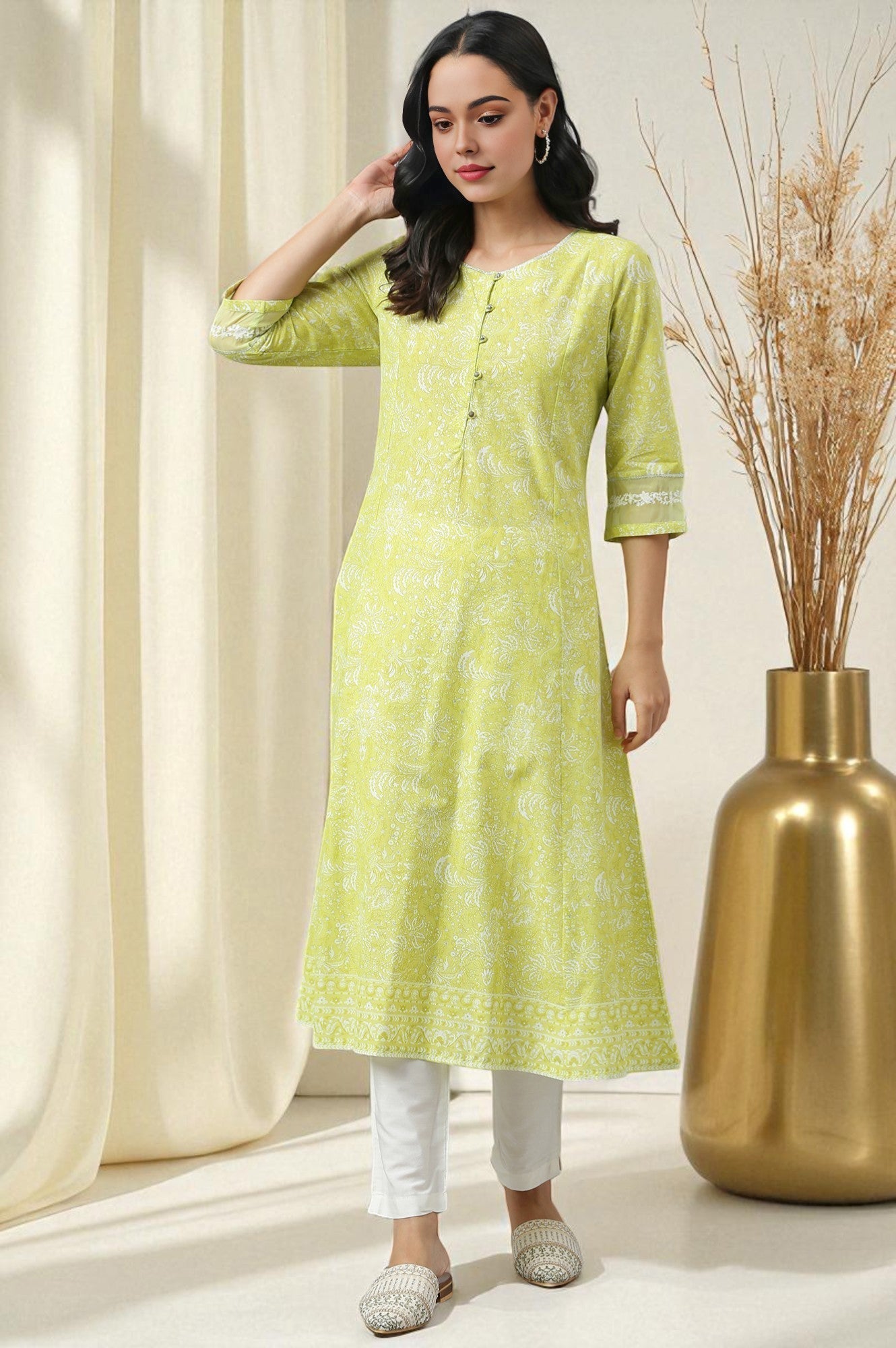 W for Woman Yellow Floral Printed Pure Cotton A-Line Kurta