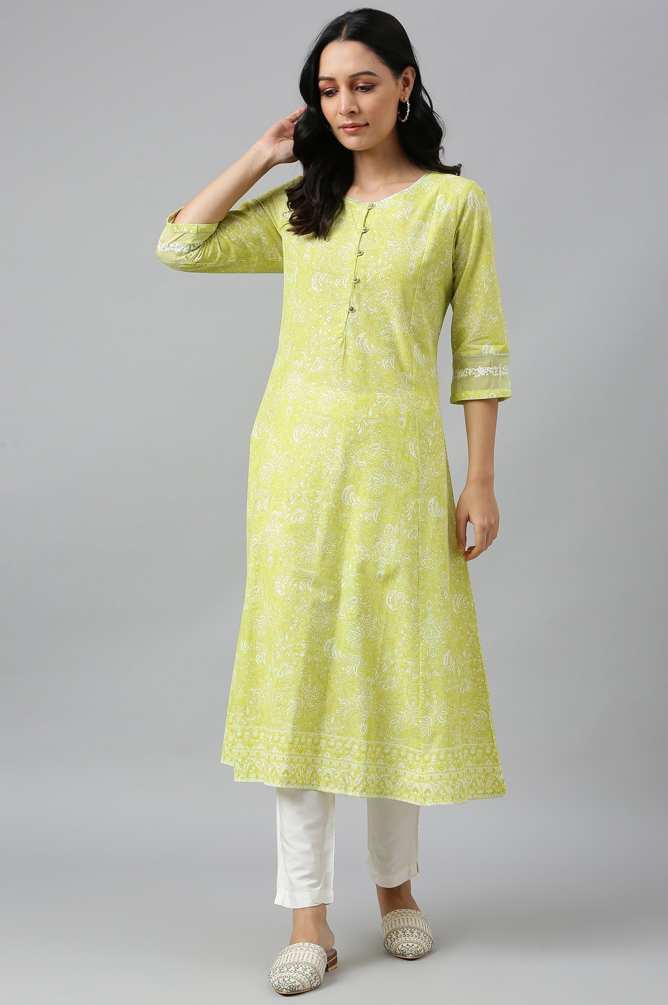 W for Woman Yellow Floral Printed Pure Cotton A-Line Kurta