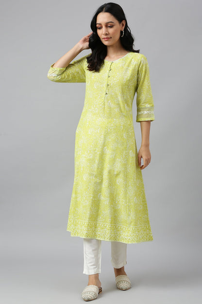 W for Woman Yellow Floral Printed Pure Cotton A-Line Kurta