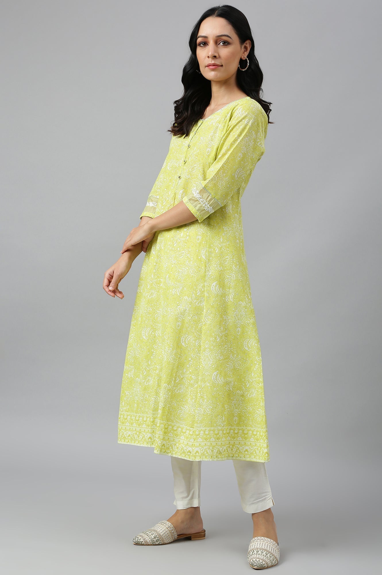 W for Woman Yellow Floral Printed Pure Cotton A-Line Kurta
