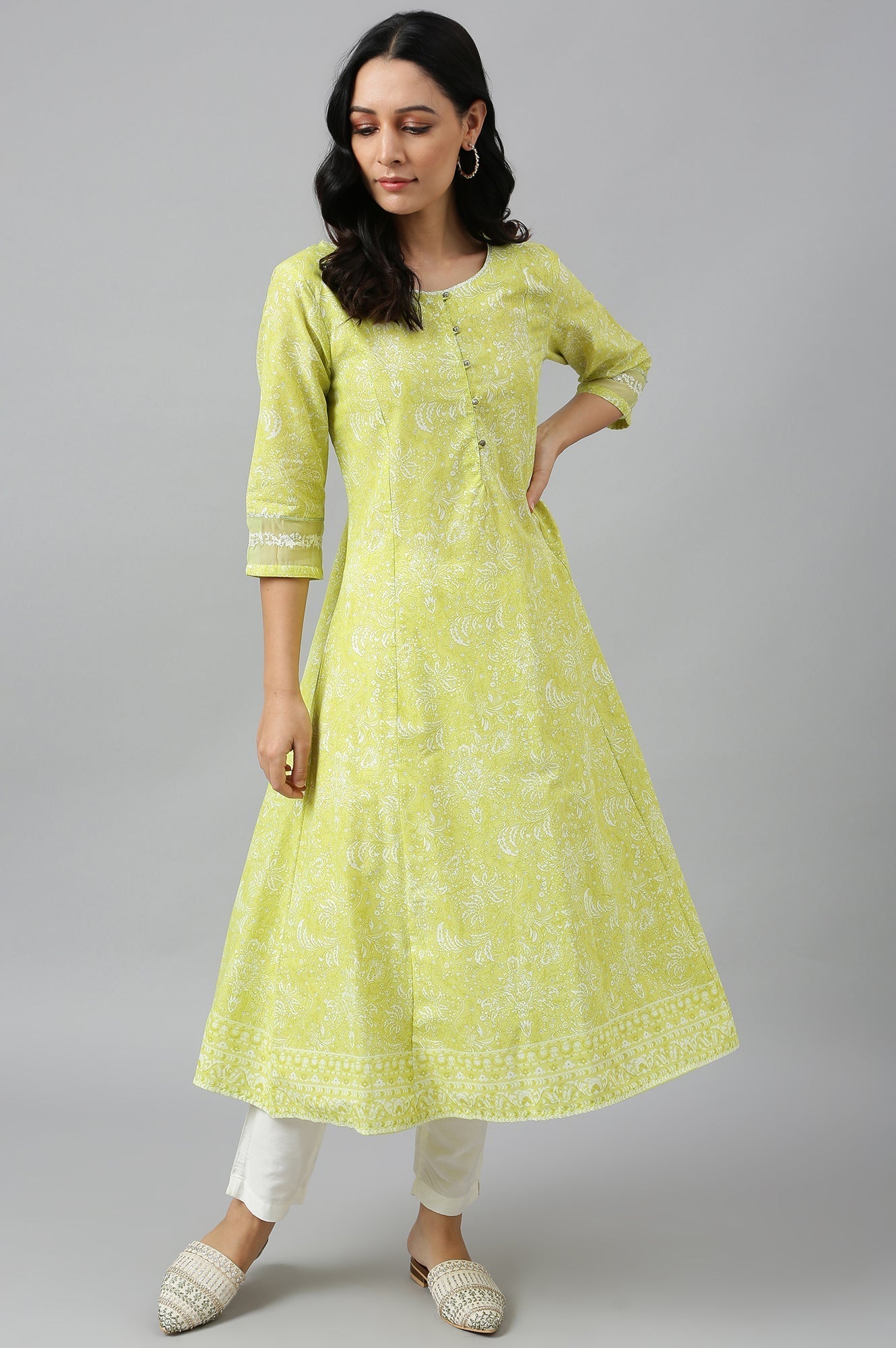 W for Woman Yellow Floral Printed Pure Cotton A-Line Kurta