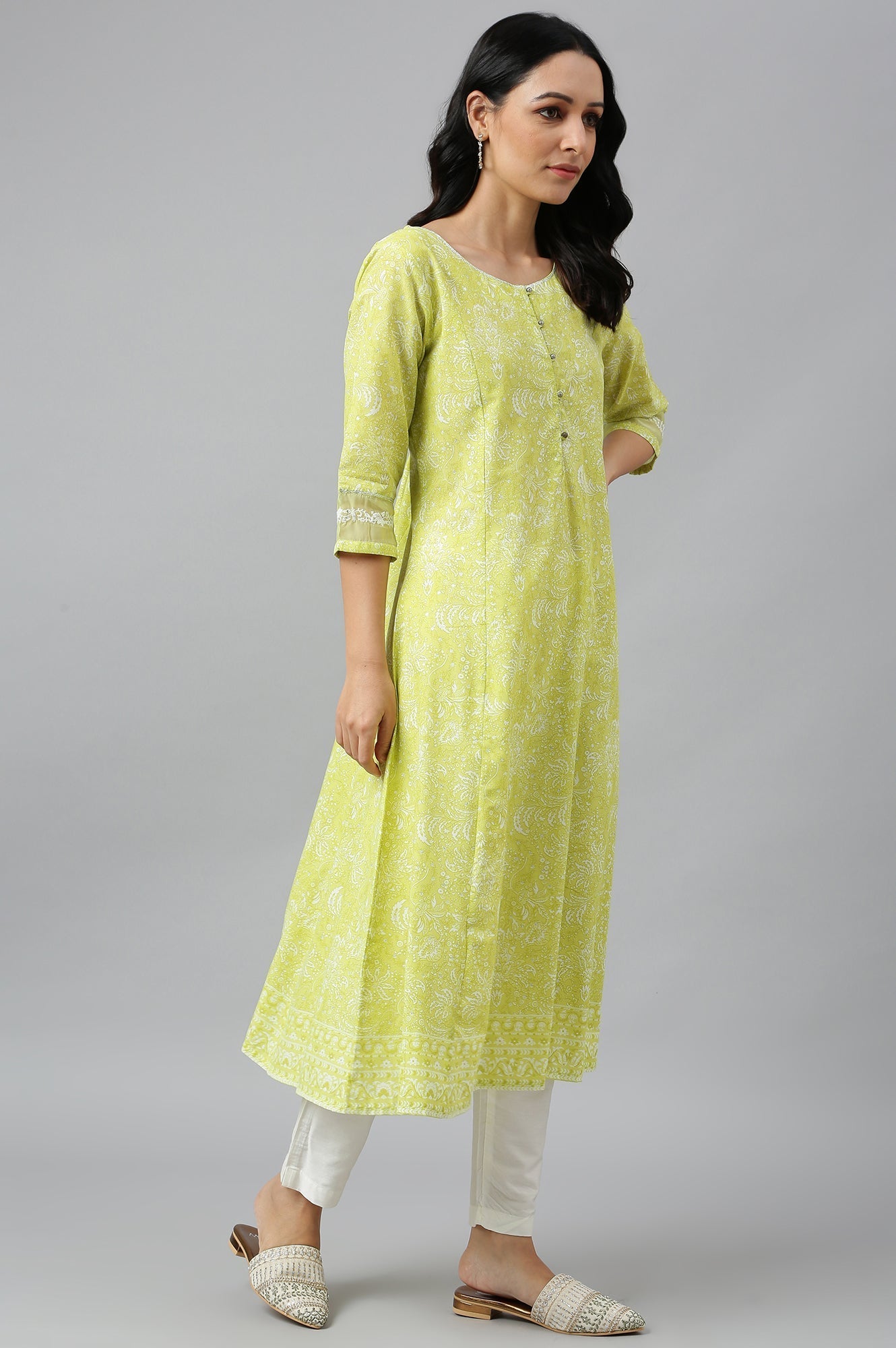 W for Woman Yellow Floral Printed Pure Cotton A-Line Kurta