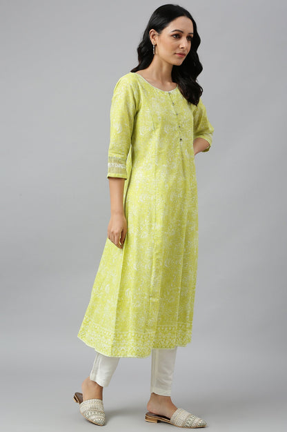 W for Woman Yellow Floral Printed Pure Cotton A-Line Kurta