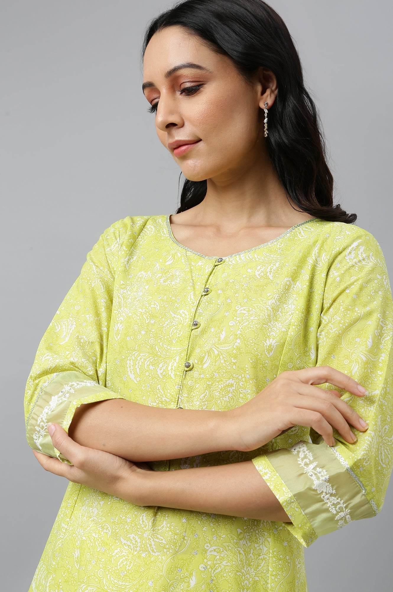 W for Woman Yellow Floral Printed Pure Cotton A-Line Kurta