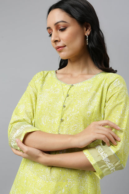 W for Woman Yellow Floral Printed Pure Cotton A-Line Kurta