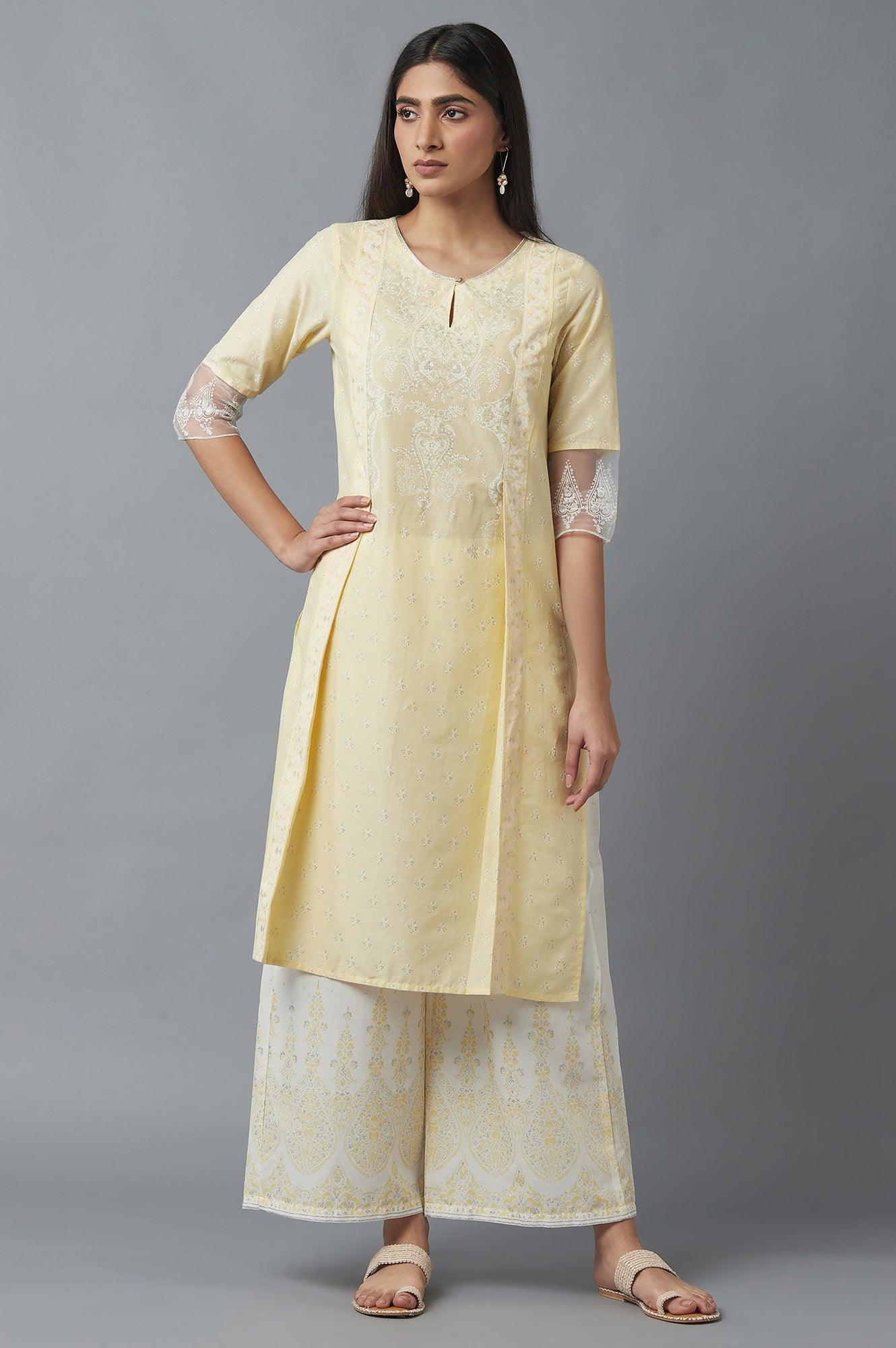 W for Woman Yellow Mock Layer Printed kurta